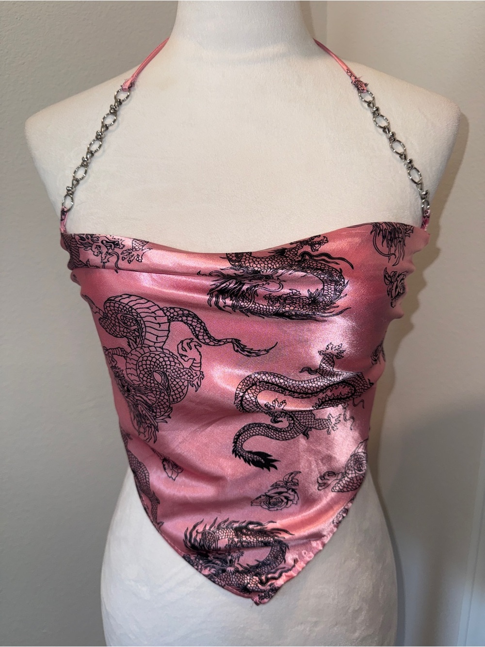Forever 21 Pink Satin Dragon Halter Scarf Top with Chain Straps